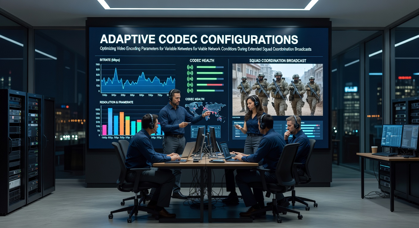 Network monitoring dashboard displaying real-time codec adjustments during a multi-team coordination stream