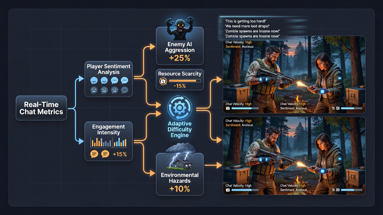 Developer dashboard displaying real-time chat sentiment graphs synced with in-game difficulty sliders