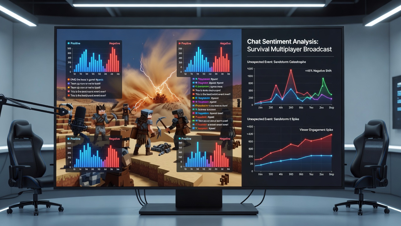 Broadcaster monitoring live chat reactions during a survival game event on a multi-monitor setup