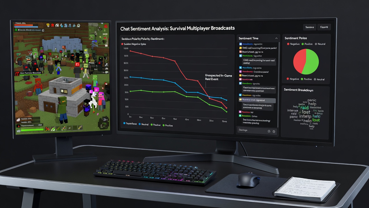 Data visualization dashboard displaying sentiment score graphs overlaid on survival game footage timeline