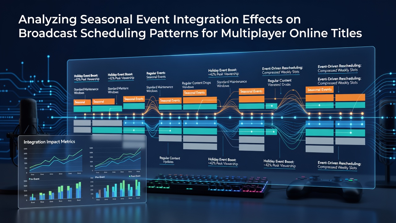 Broadcast schedule calendar overlaid with seasonal event timelines from popular multiplayer titles showing peak streaming windows