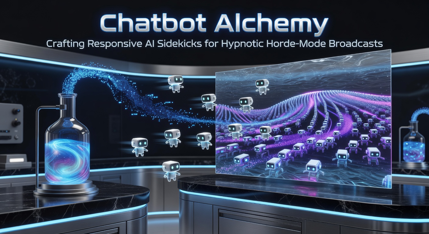 Vibrant digital illustration of an AI chatbot character weaving spells into a chaotic live stream chat, surrounded by glowing horde-mode enemy waves and viewer emotes