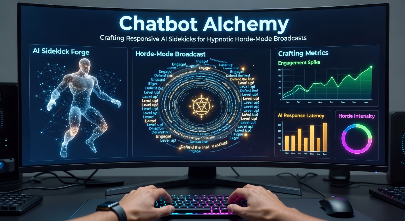 Screenshot of a bustling Twitch chat during a horde-mode stream, with AI bot messages highlighted in glowing blue, responding to viewer commands amid emote storms