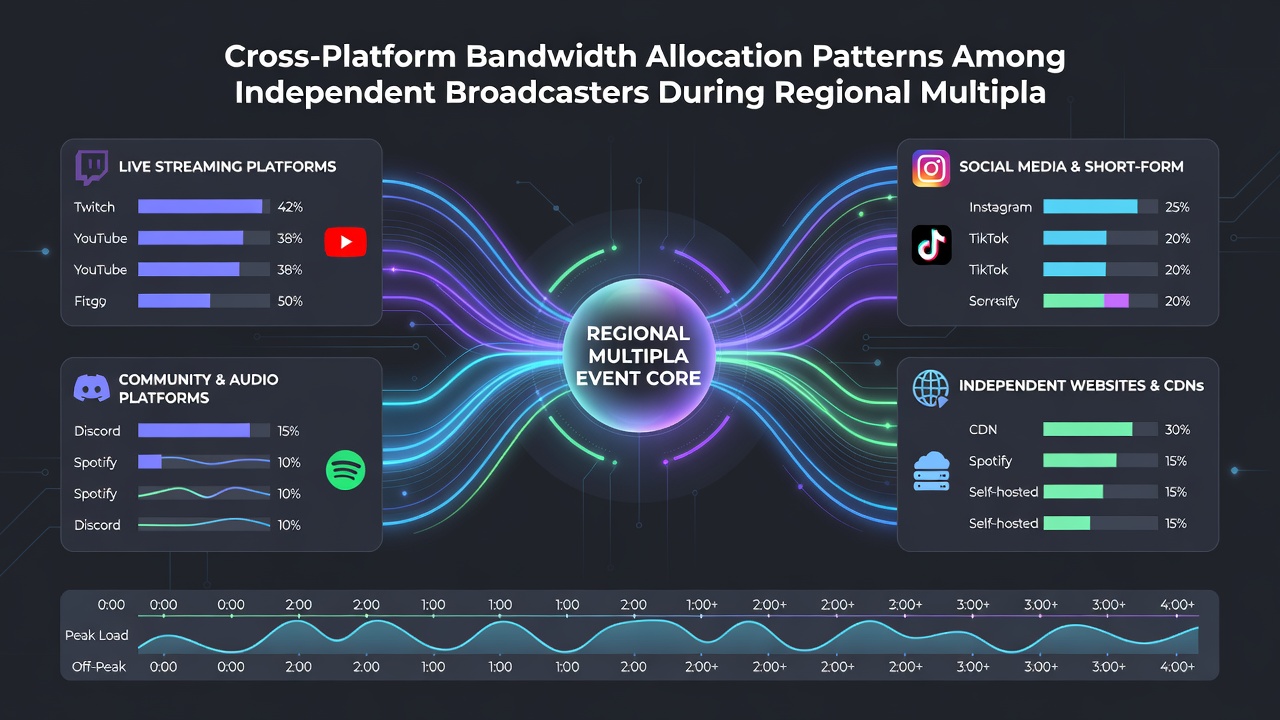 Network bandwidth graphs and allocation charts displayed during a regional multiplayer event broadcast setup