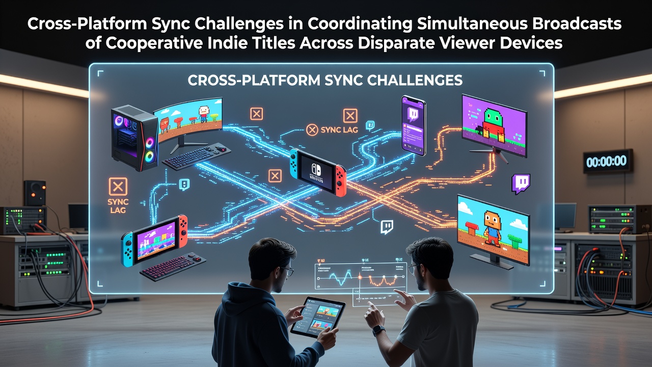 Diagram showing multiple viewer devices connected to a central indie cooperative game broadcast stream with sync indicators