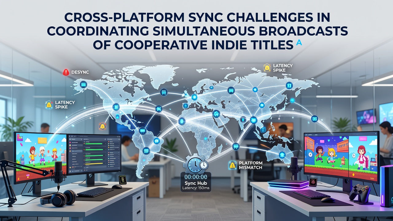 Split view of a cooperative indie game scene rendered differently on a smartphone and a gaming console during a live broadcast