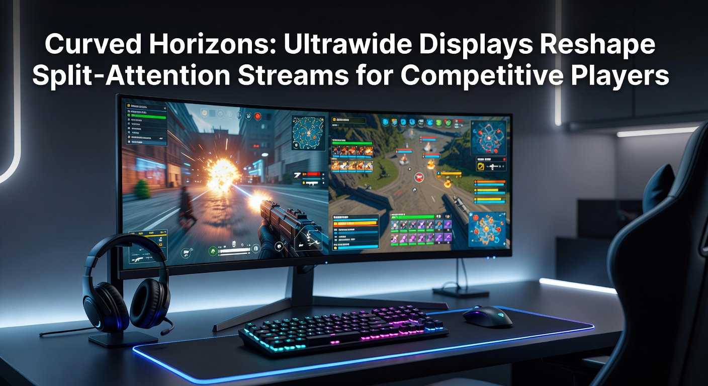 Competitive gamer at a curved ultrawide monitor setup, juggling game feed, chat overlay, and stream dashboard in a dimly lit streaming room