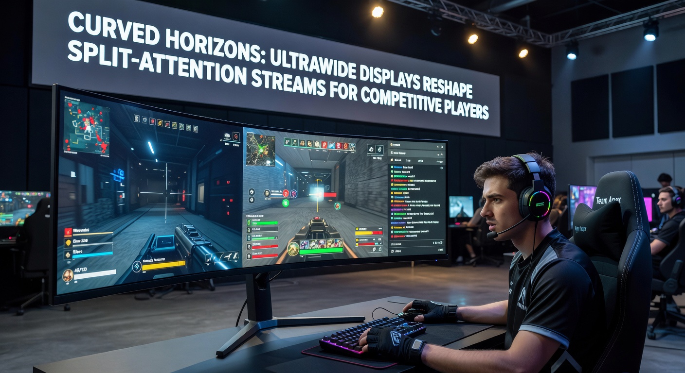 Close-up of a 49-inch curved ultrawide displaying split game footage, live chat, and analytics dashboard side-by-side