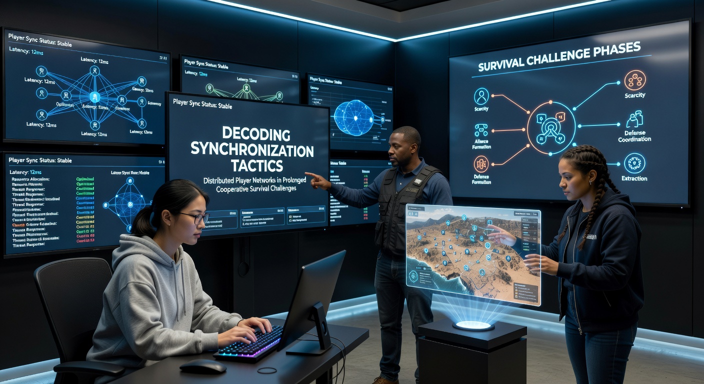 Distributed player teams coordinating resource sharing and movement paths in a large-scale survival game environment