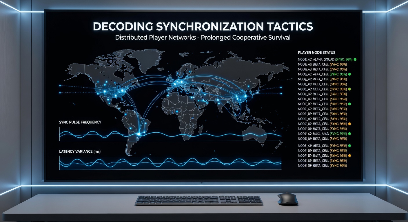 Network visualization showing player positions, resource flows, and timing markers across a distributed survival game session