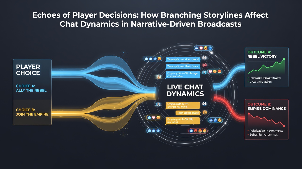 Split view showing narrative choice menu alongside real-time chat reactions from viewers discussing alternate story paths