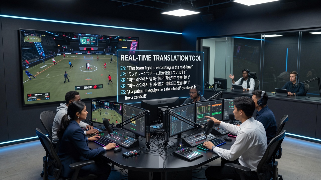 Esports commentators using real-time translation tools during an international tournament broadcast