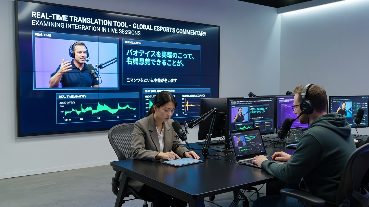 Close-up of translation software interface displaying live esports commentary in multiple languages
