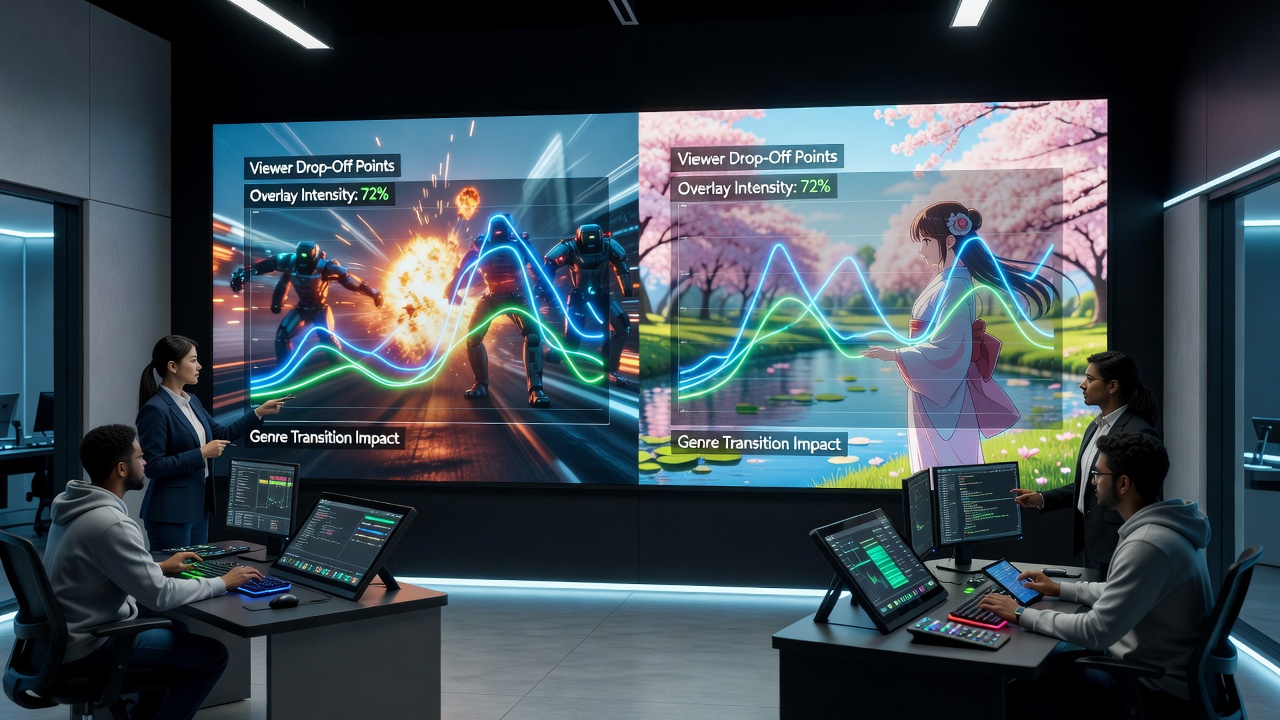 Split-screen view comparing static versus dynamic overlay configurations during a live broadcast genre shift