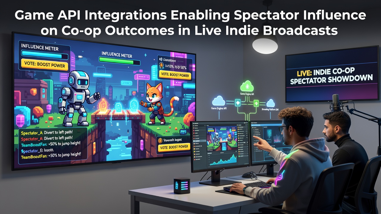 Indie game broadcast interface showing real-time spectator voting panel integrated via game API during cooperative gameplay session