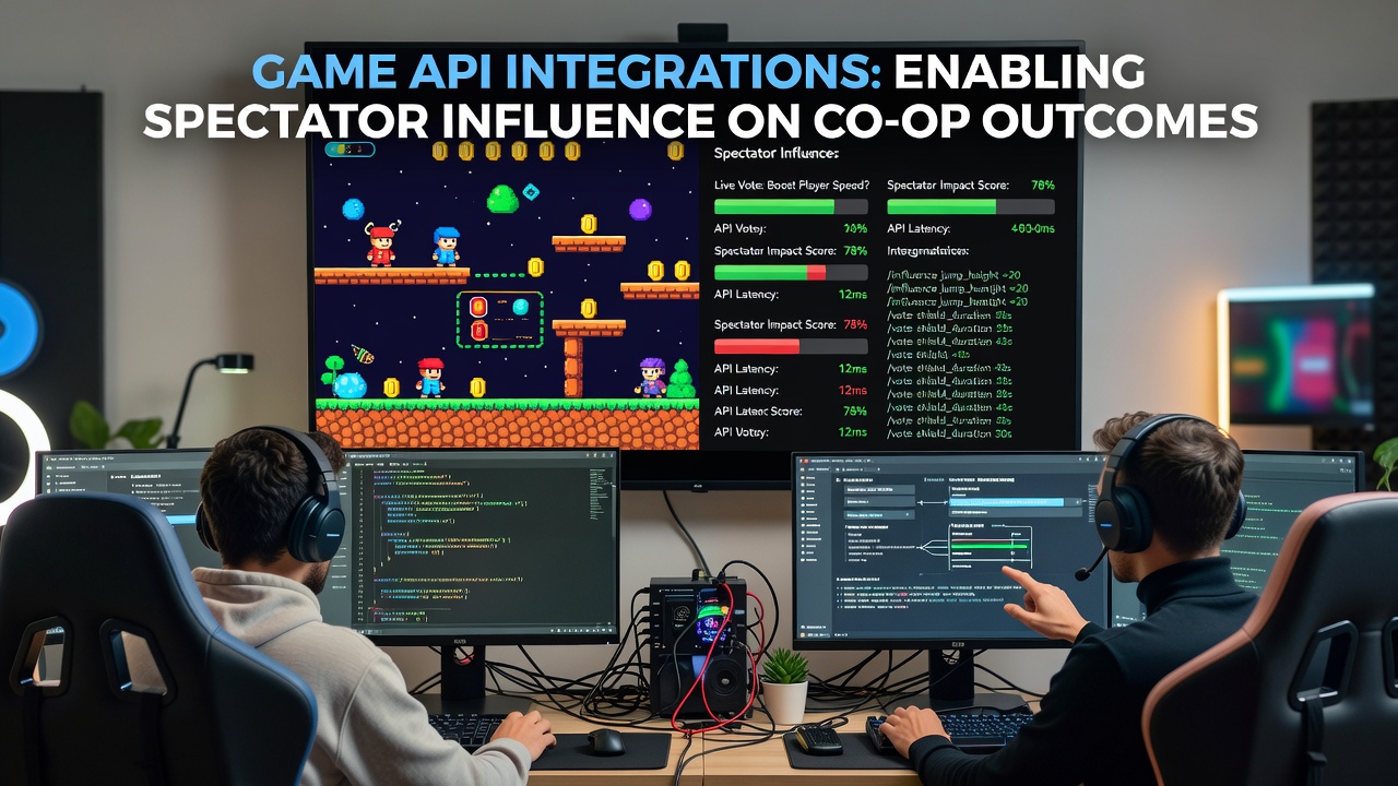 Split view of indie co-op game screen with overlaid spectator influence metrics and live chat poll results