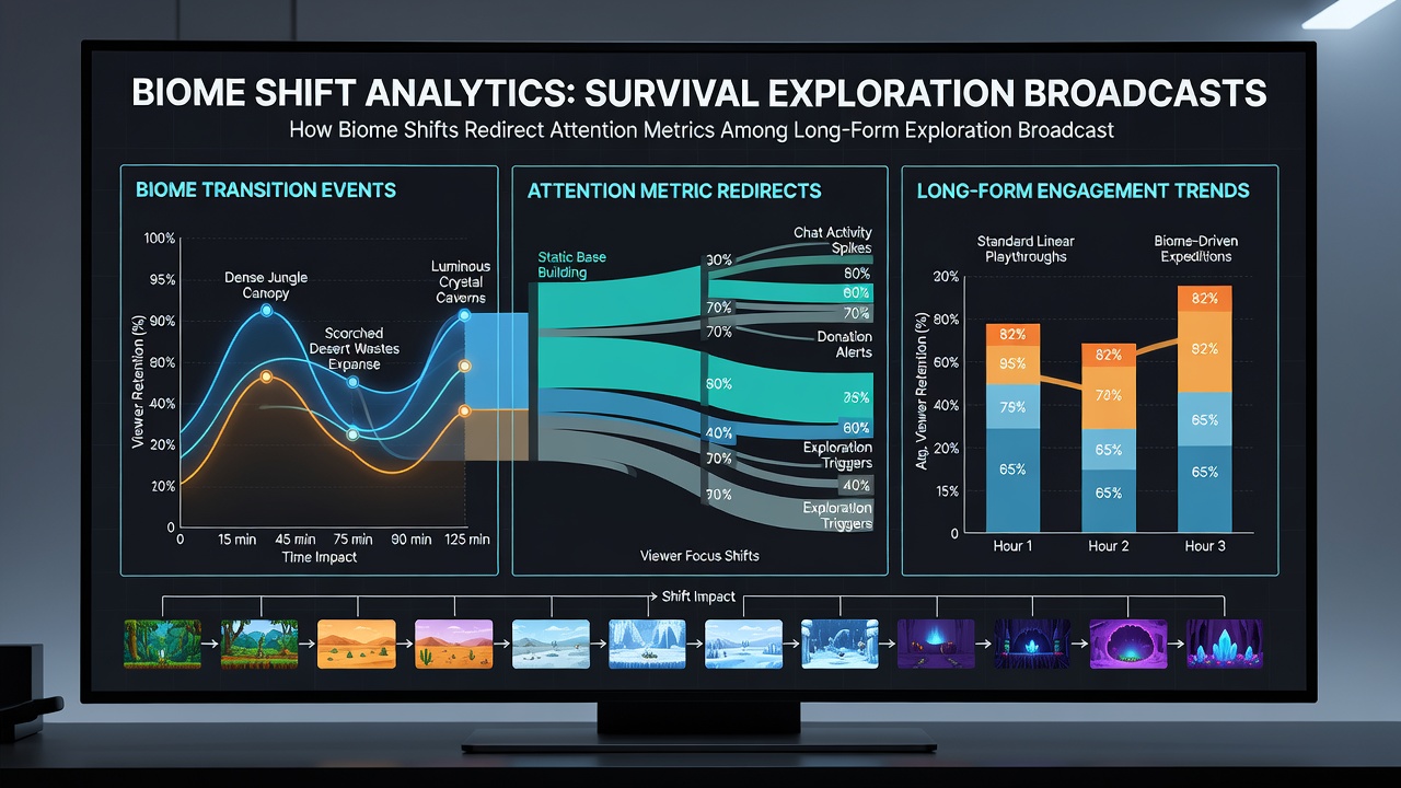 Data dashboard displaying attention metrics during a biome transition in a survival game stream
