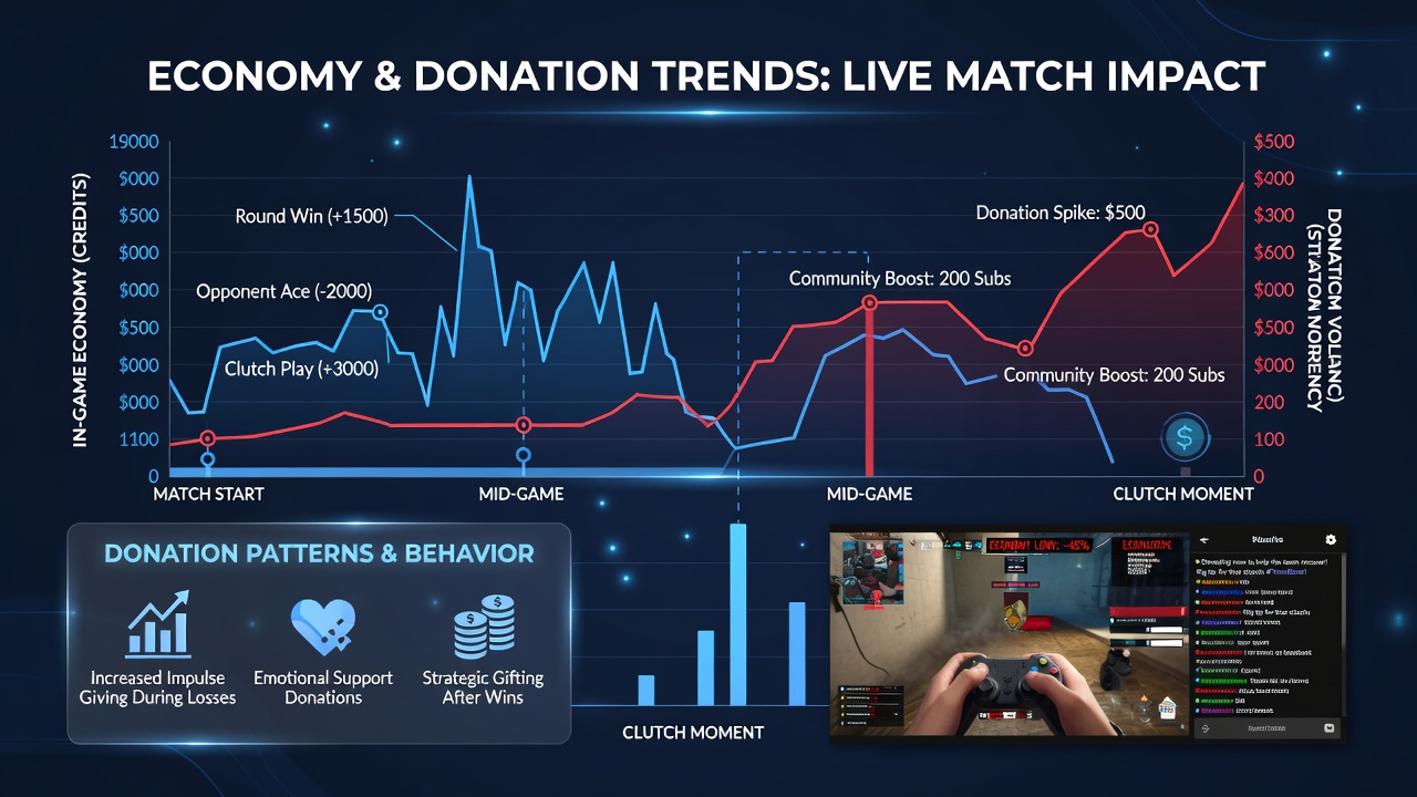 Detailed view of a live esports stream interface displaying synchronized in-game economy graphs with donation leaderboards and chat activity metrics