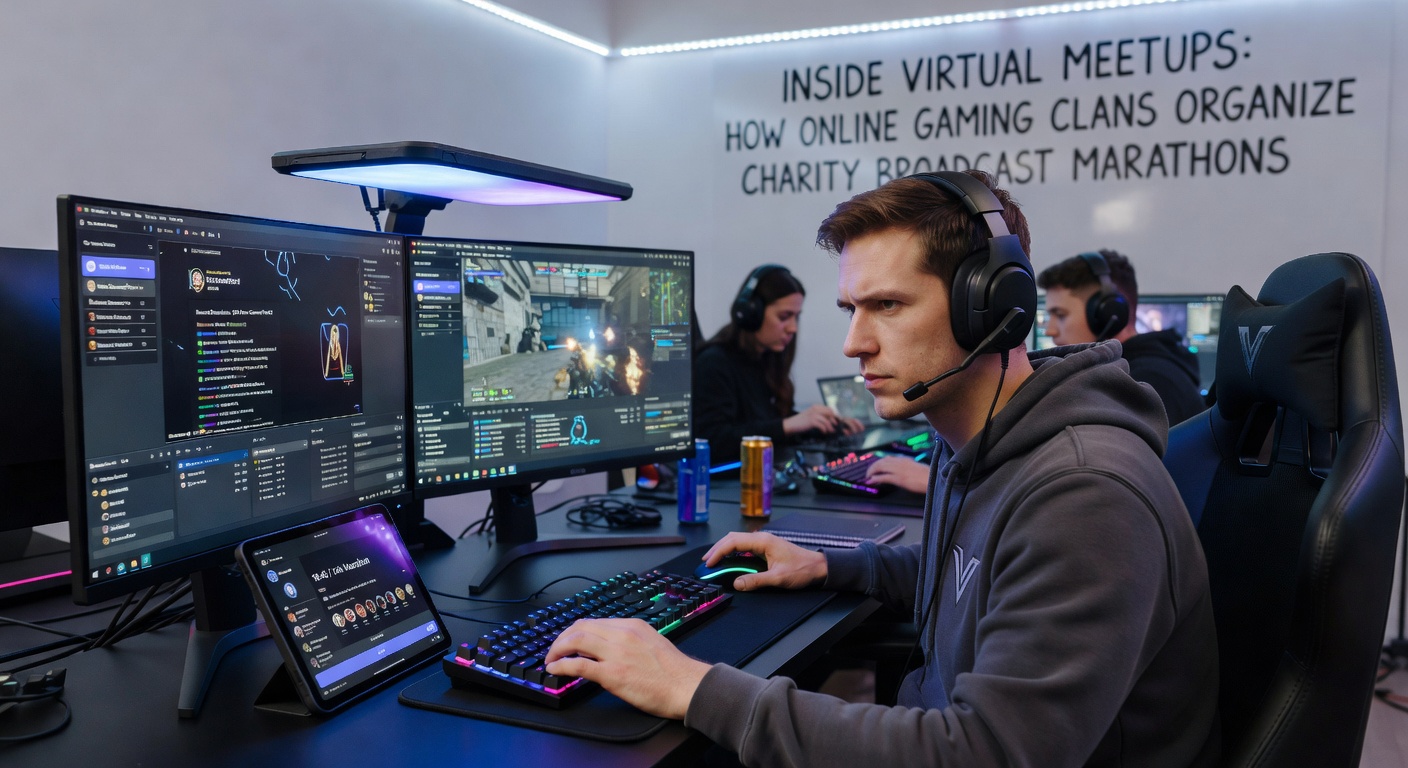 Online gaming clan members coordinating charity broadcast marathon logistics during a virtual meetup on Discord