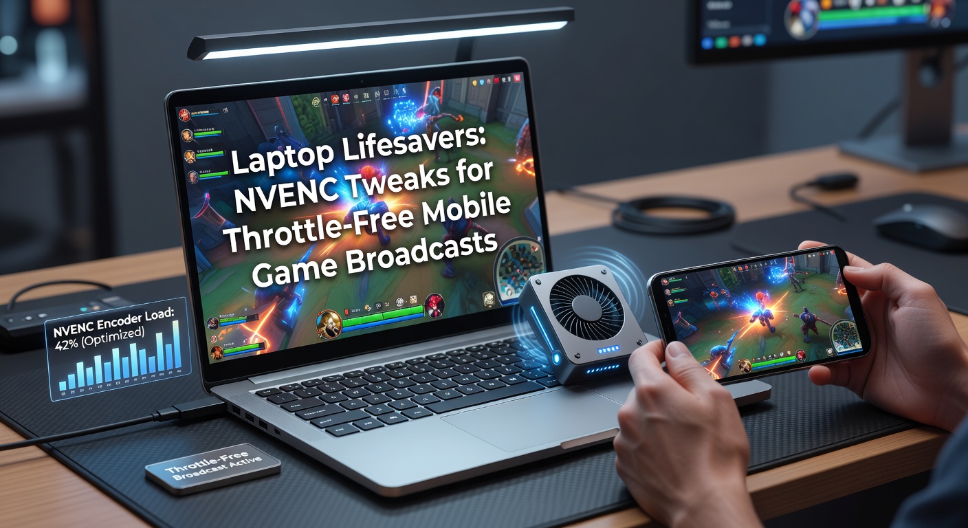 Laptop screen displaying OBS Studio with NVENC encoder settings optimized for streaming mobile games like Genshin Impact without thermal throttling