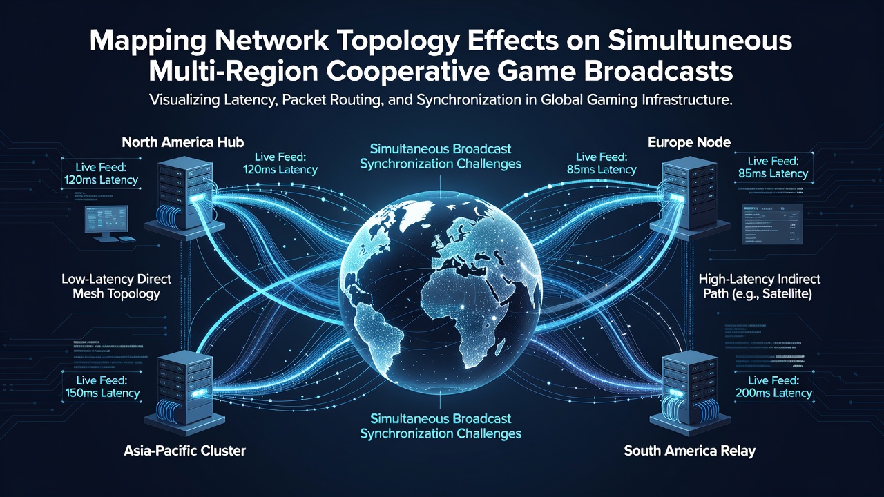 Live network topology visualization showing latency heatmaps between cooperative game servers in multiple regions