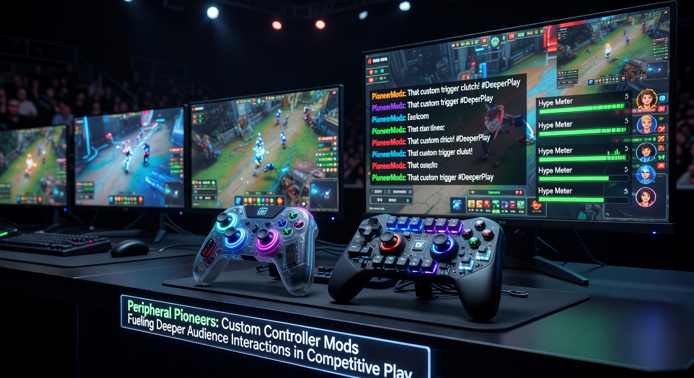 Close-up view of audience-interactive controller mods with overlaid stream graphics during a live esports event