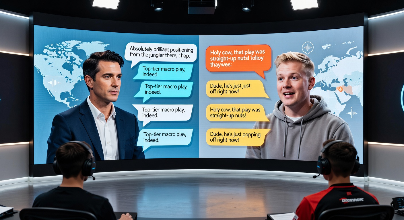 Esports commentators from different regions collaborating during an international tournament broadcast