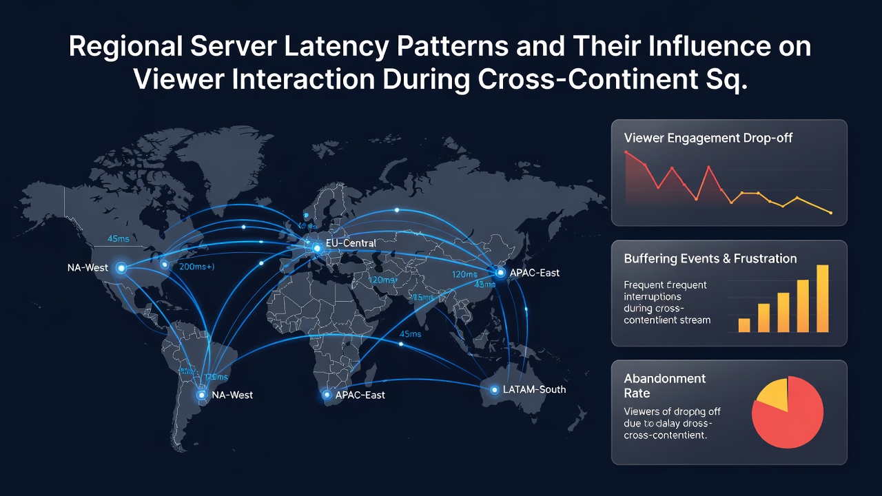 Broadcast control room view with latency monitoring dashboards and real-time squad communication feeds during a multi-region event