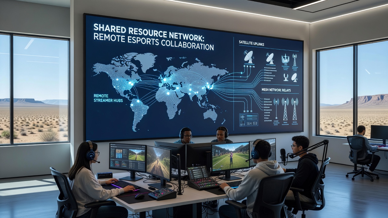 Group of remote streamers collaborating on equipment setup during a live esports event