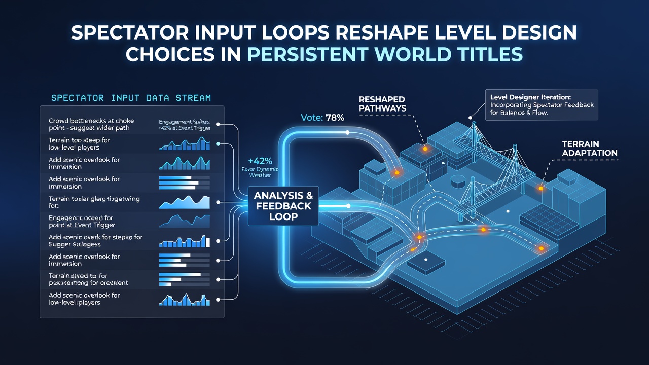 Level designers reviewing real-time spectator feedback overlays on persistent world maps