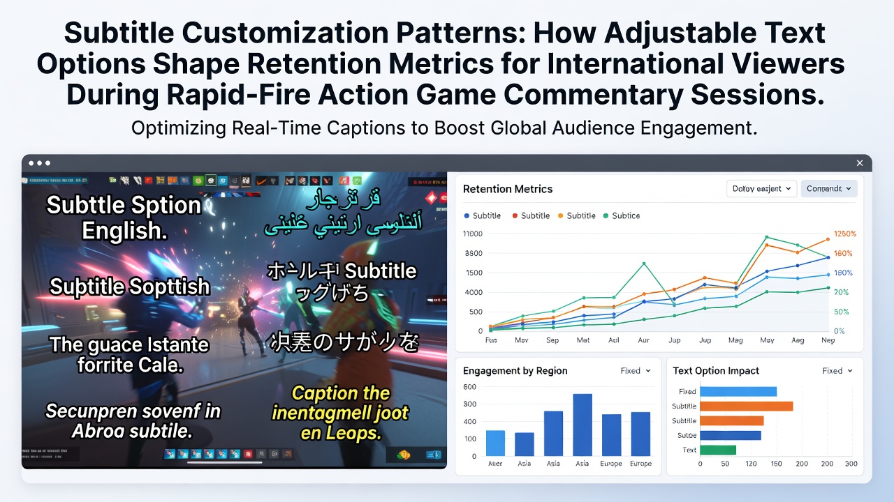 International viewers adjusting subtitle settings during a fast-paced action game stream wth overlaid commentary text