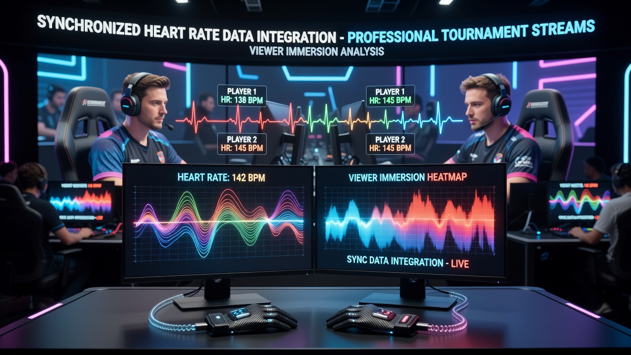 Professional esports player wearing a heart rate monitor during a live tournament broadcast with synchronized data overlay on stream