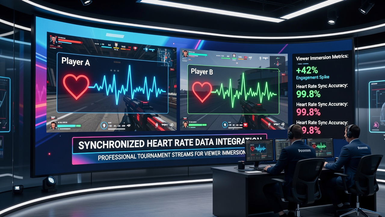 Stream overlay showing synchronized heart rate graphs for multiple players in a professional esports tournament with viewer engagement statistics