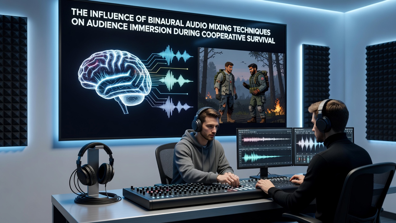 Audience members wearing headphones during a binaural-enhanced cooperative survival game transmission with visible engagement metrics overlay