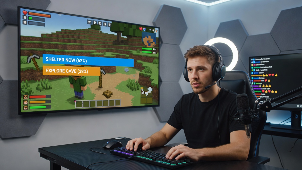 Viewer engagement metrics dashboard showing poll response rates during survival gameplay