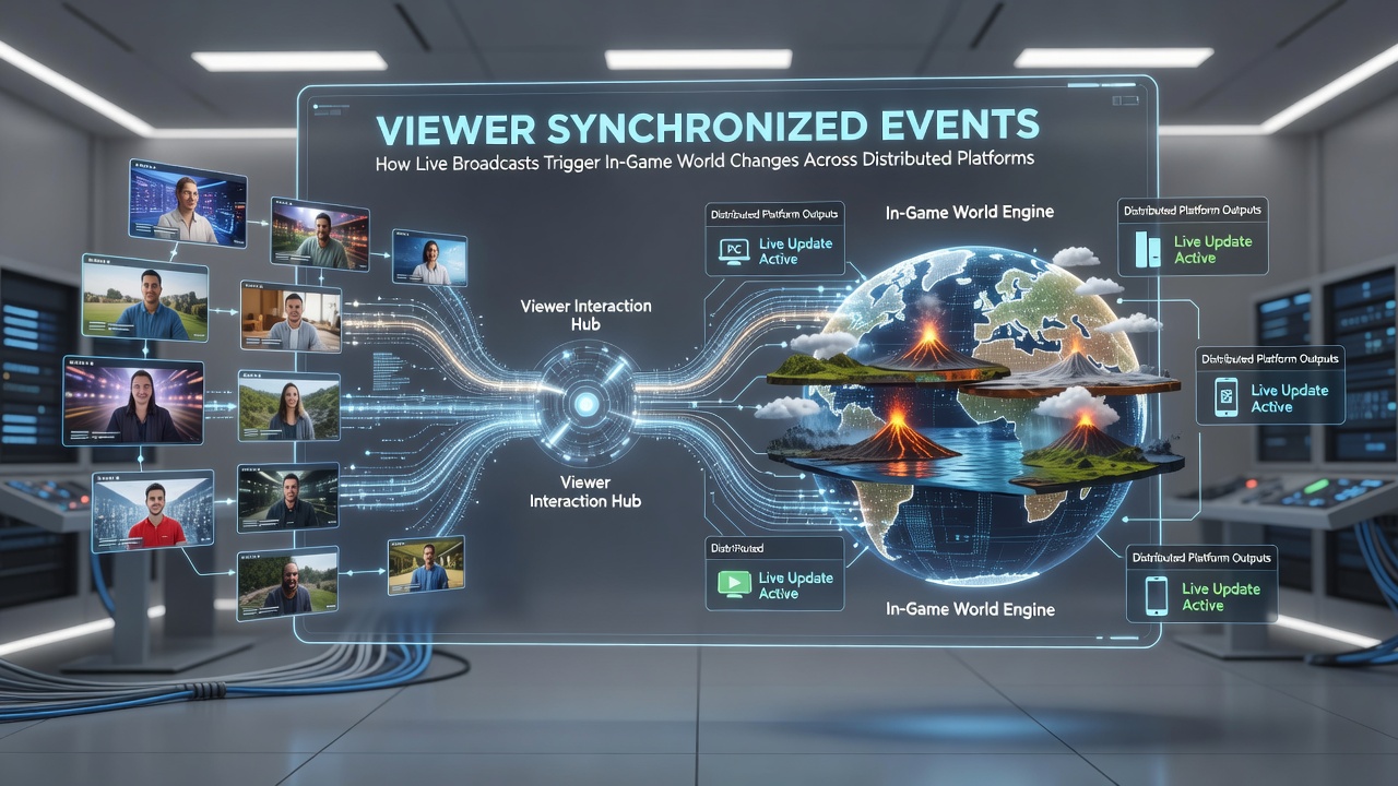 Distributed player network reacting to synchronized world event triggered by live stream