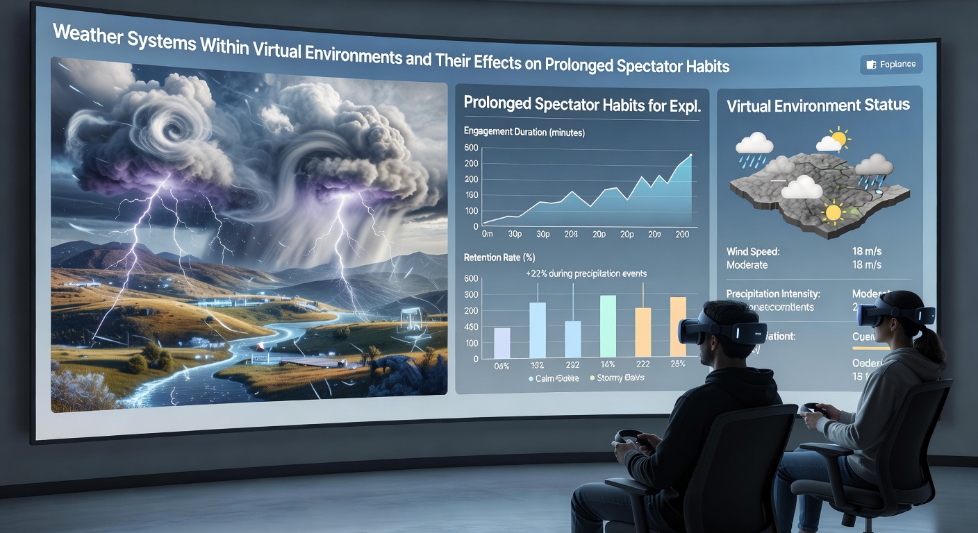 Spectators gathered around multiple screens displaying exploration gameplay with overlaid weather effects and real-time environmental data