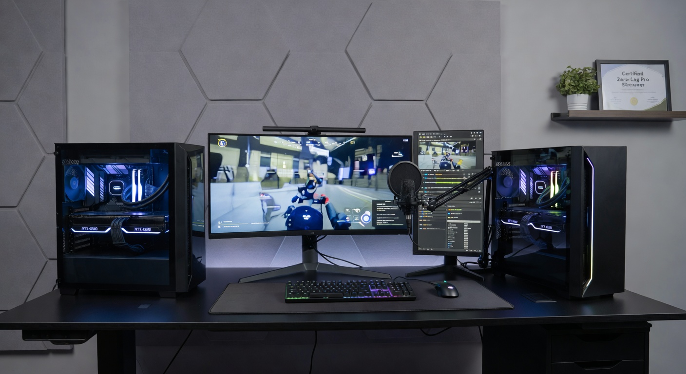 Sleek dual PC setup with gaming rig connected to streaming workstation via high-speed NDI link, monitors displaying 4K gameplay and OBS interface