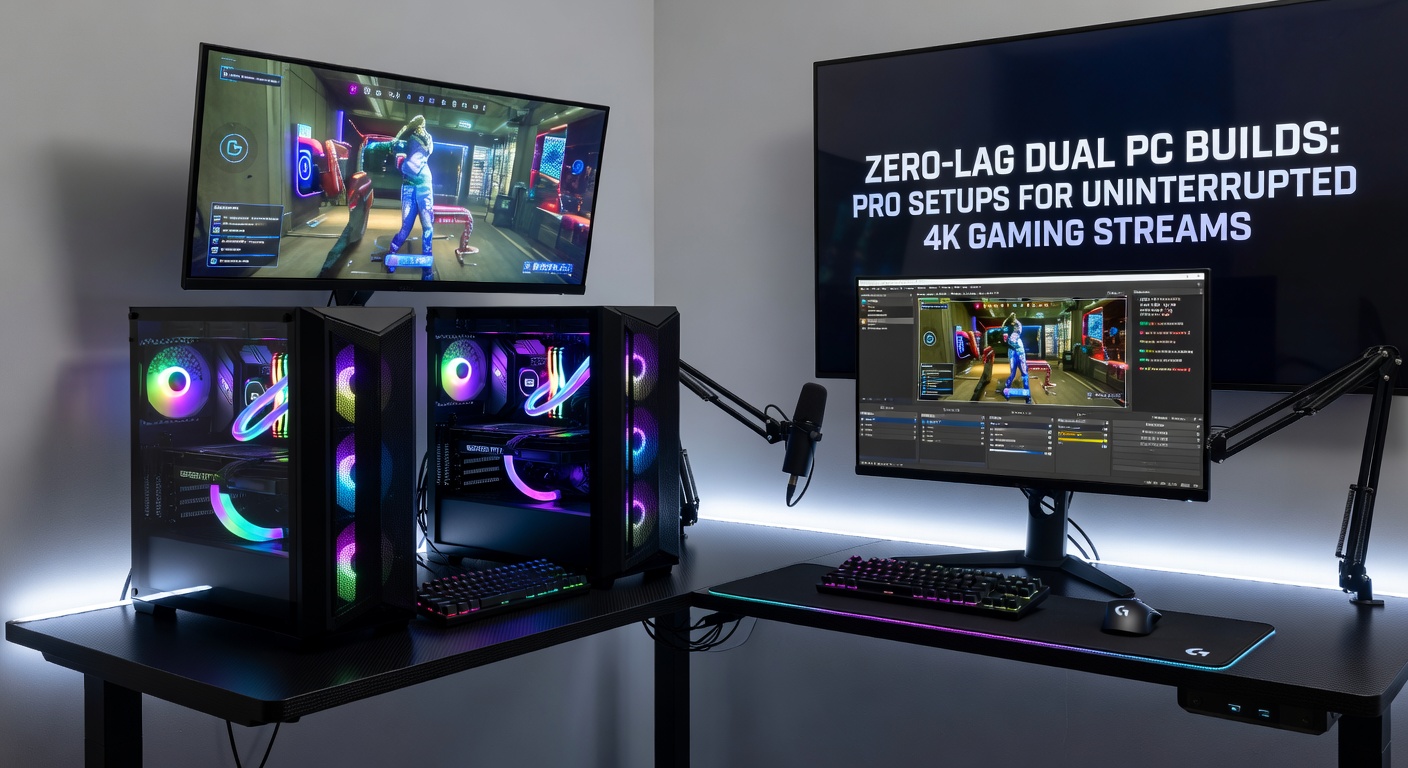 Close-up of NDI network switch connecting gaming PC to streaming workstation, with Ethernet cables and low-latency capture hardware visible