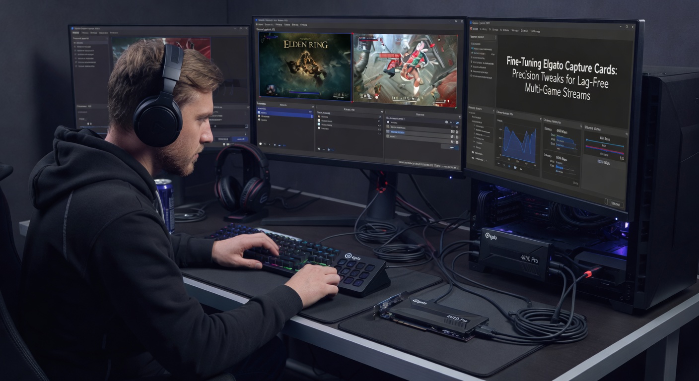 Software dashboard displaying Elgato 4K capture settings, with graphs showing latency metrics before and after fine-tuning in a multi-source streaming scenario