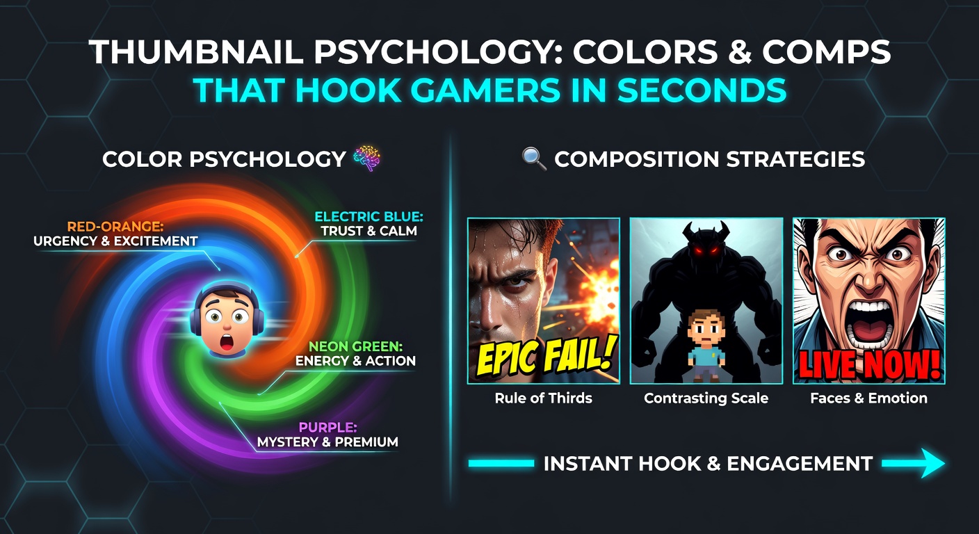 Close-up analysis of thumbnail composition with overlaid grids showing optimal face placement, text hierarchy, and color zoning for maximum gamer engagement